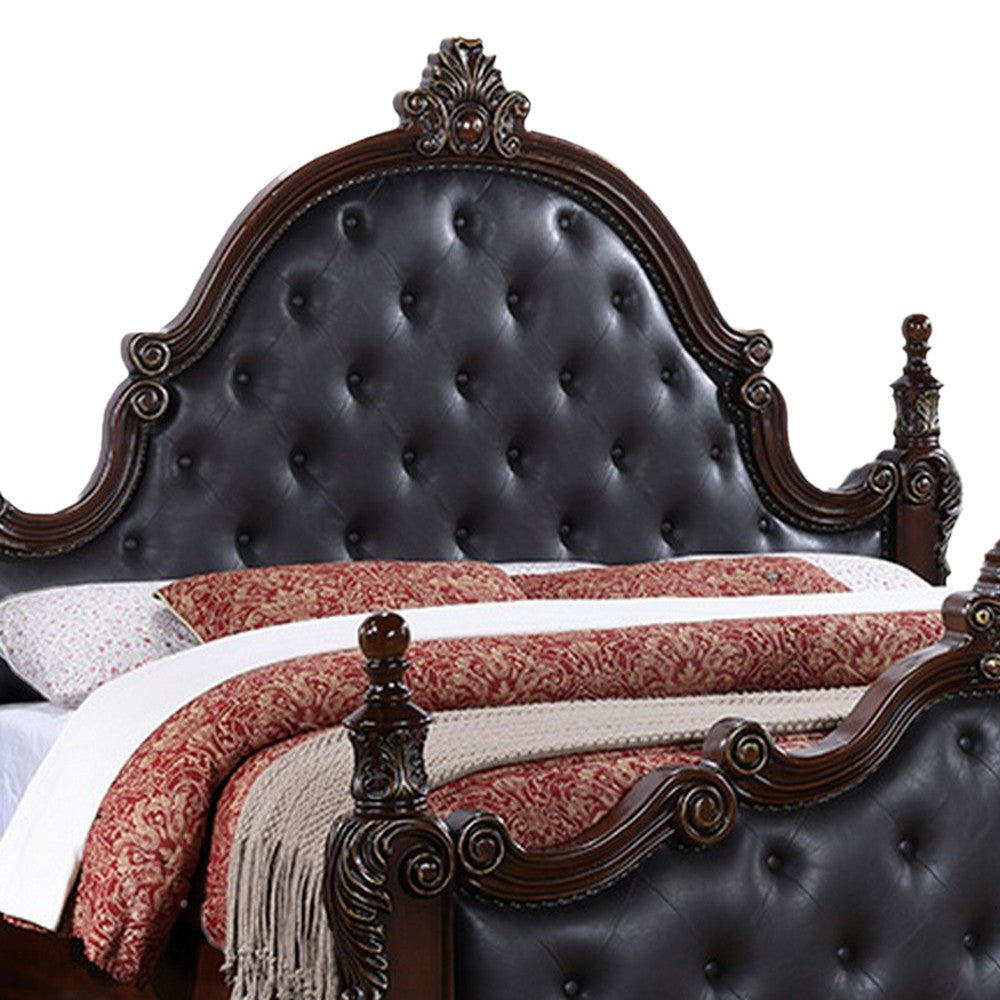 Moni Queen Bed Black Button Tufted Classical Upholstery Cherry Brown Wood By Casagear Home