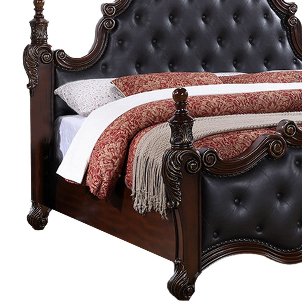 Moni Queen Bed Black Button Tufted Classical Upholstery Cherry Brown Wood By Casagear Home