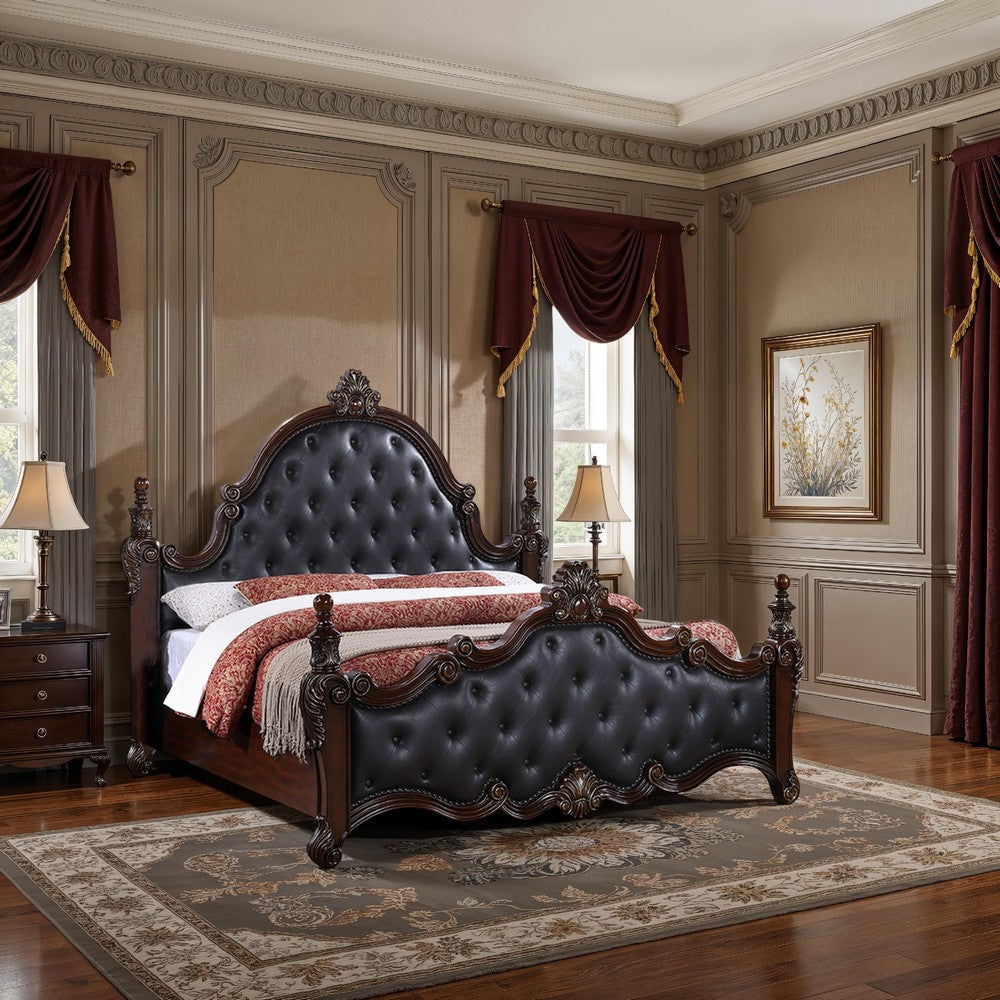 Moni Queen Bed, Black Button Tufted Classical Upholstery, Cherry Brown Wood By Casagear Home