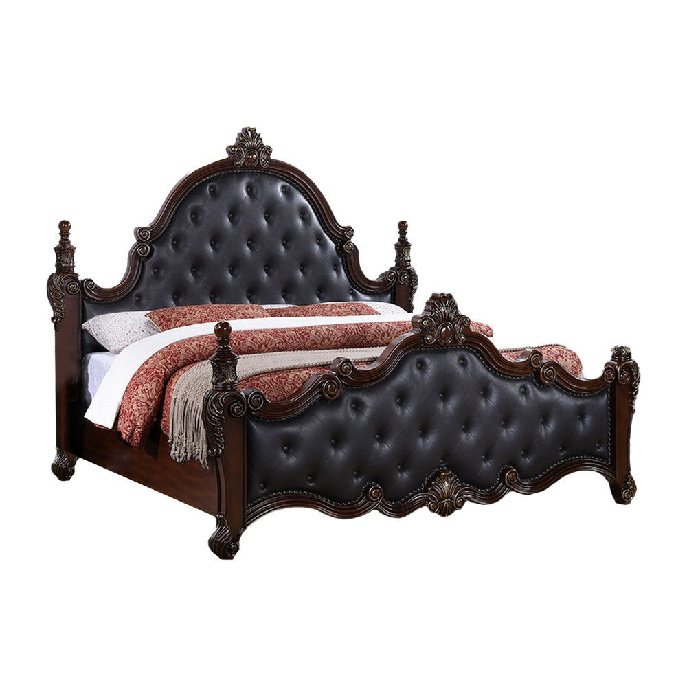 Moni Queen Bed Black Button Tufted Classical Upholstery Cherry Brown Wood By Casagear Home