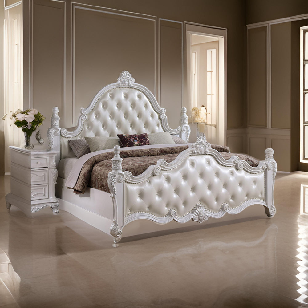 Moni King Bed White Button Tufted Traditional Upholstery Solid Wood By Casagear Home BM319567