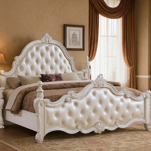 Moni Queen Bed, White Button Tufted Traditional Upholstery, Solid Wood By Casagear Home