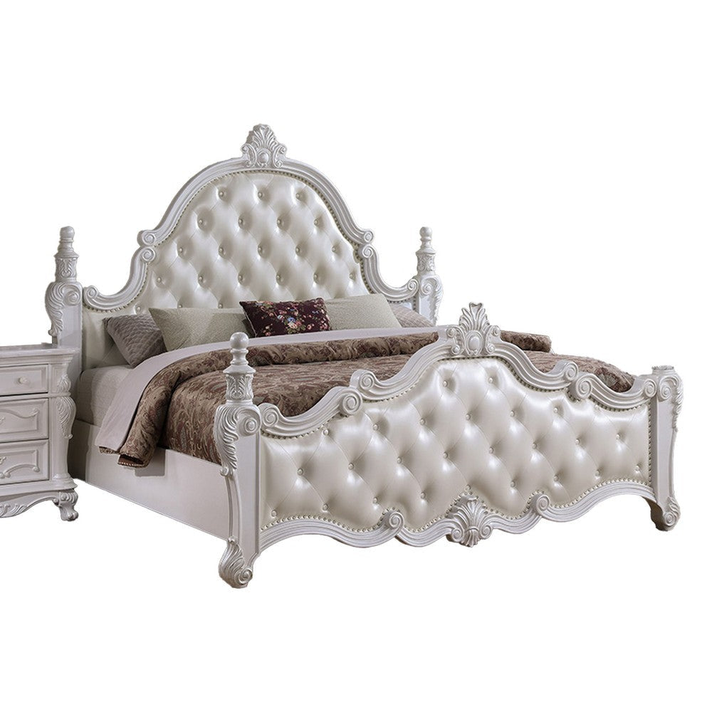 Moni Queen Bed White Button Tufted Traditional Upholstery Solid Wood By Casagear Home