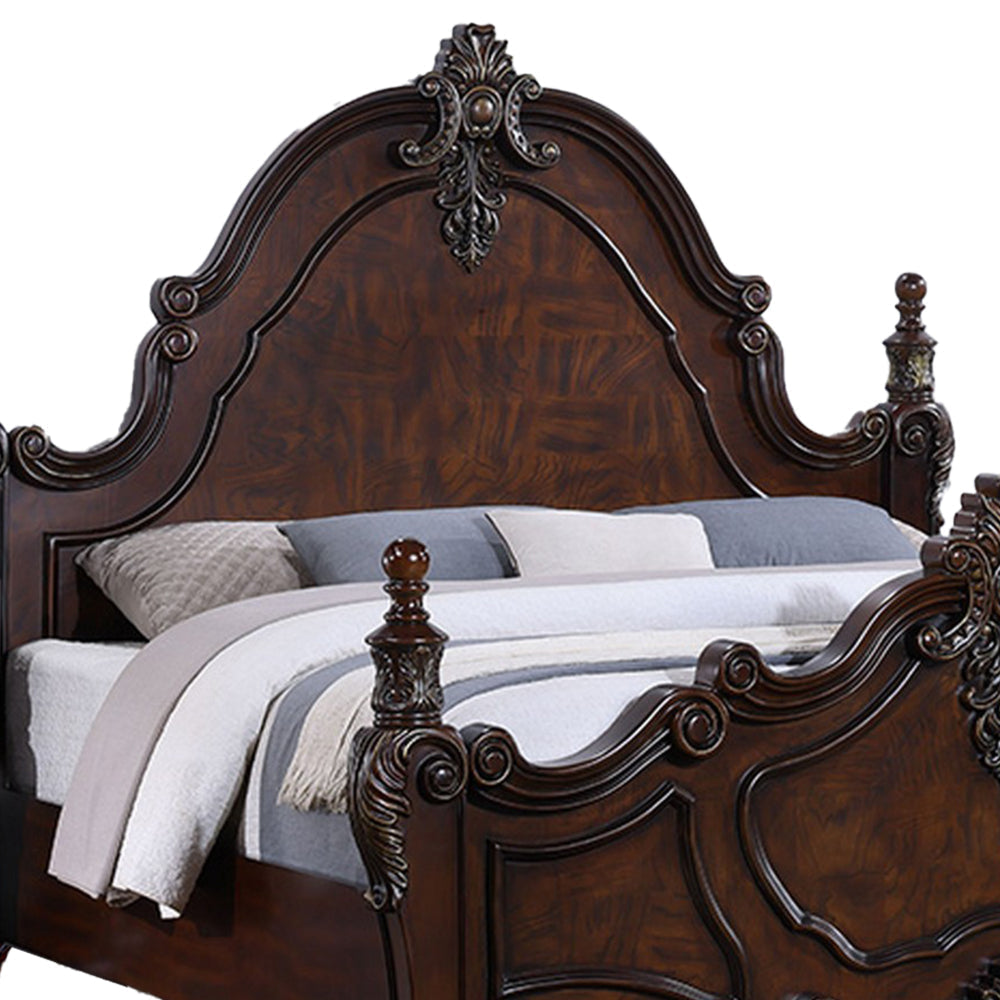 Frank King Size Bed Carved Details Finial Posts Cherry Brown Solid Wood By Casagear Home BM319569