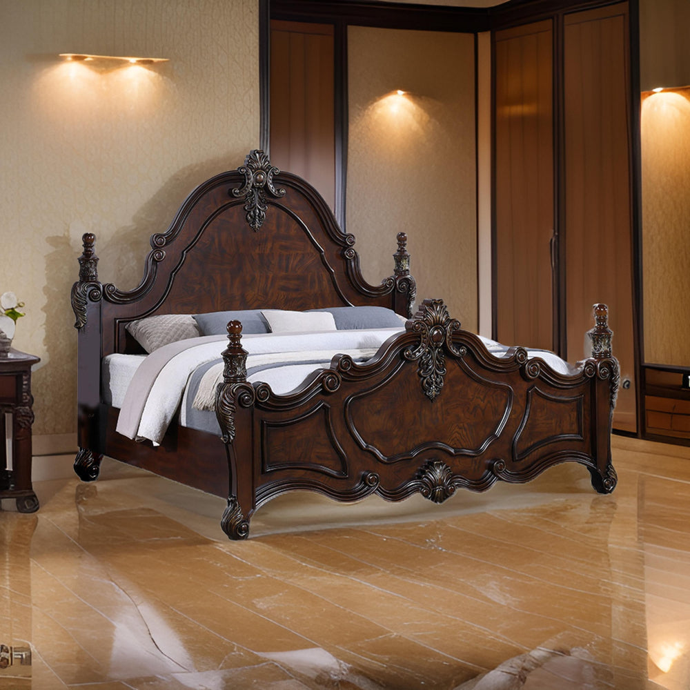 Frank King Size Bed, Carved Details, Finial Posts, Cherry Brown Solid Wood By Casagear Home