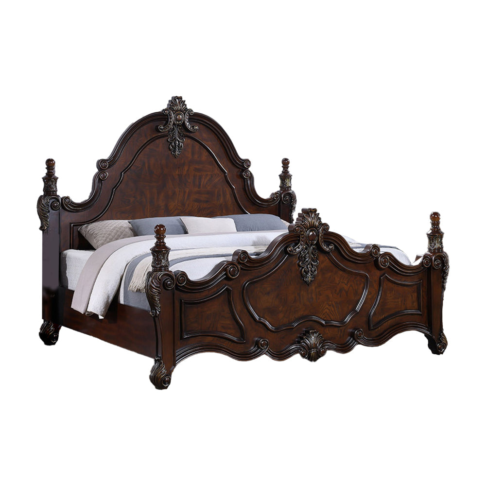 Frank King Size Bed, Carved Details, Finial Posts, Cherry Brown Solid Wood By Casagear Home