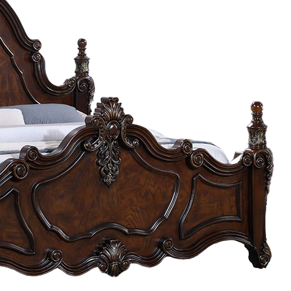 Frank Queen Size Bed Carved Details Finial Posts Cherry Brown Solid Wood By Casagear Home BM319570