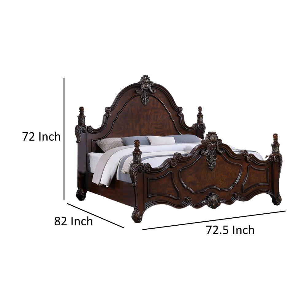 Frank Queen Size Bed Carved Details Finial Posts Cherry Brown Solid Wood By Casagear Home BM319570