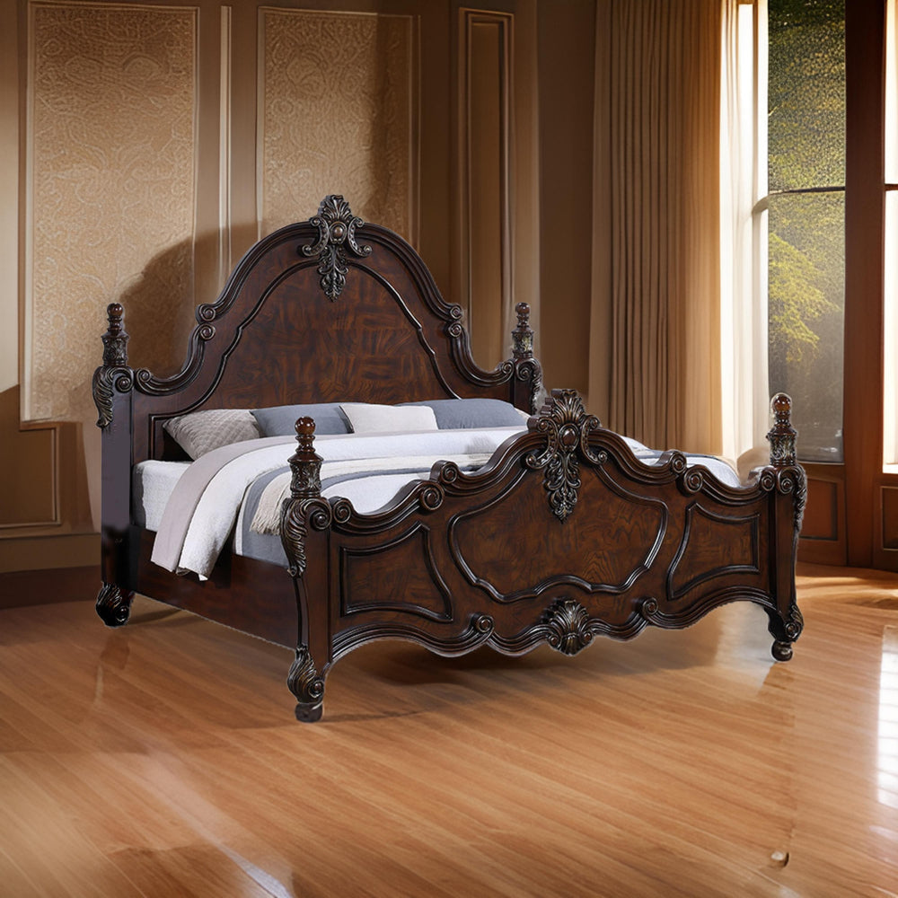 Frank Queen Size Bed Carved Details Finial Posts Cherry Brown Solid Wood By Casagear Home BM319570