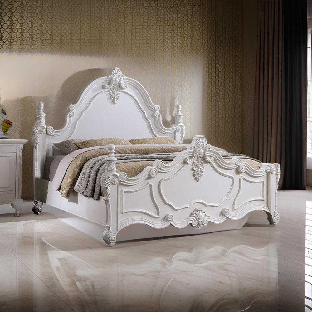 Frank King Size Bed, Carved Details, Finial Posts, Classic White Solid Wood By Casagear Home