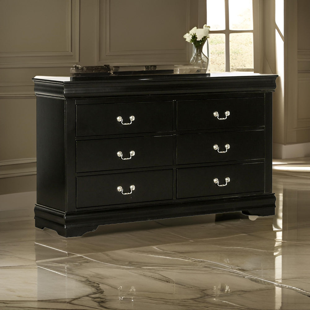 Ryla Wide Dresser 6 Drawers Nickel Metal Handles Black Solid Wood By Casagear Home BM319574