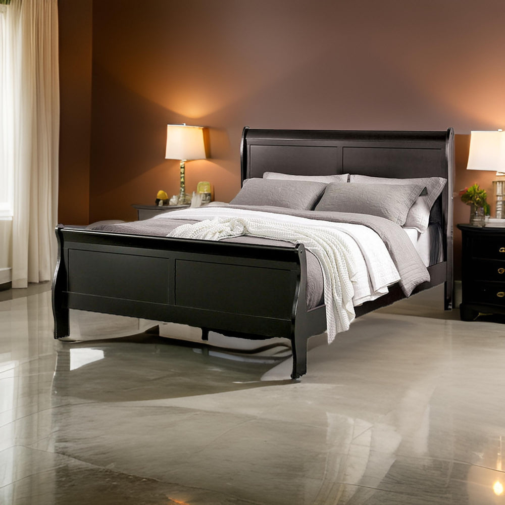 Ryla Full Size Bed, Sleigh Panel Headboard and Footboard, Black Solid Wood By Casagear Home