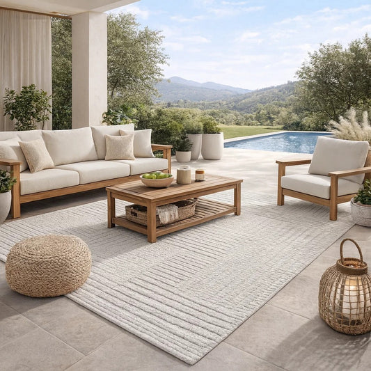 Reya 8 x 10 Large Area Rug, Indoor Outdoor Geometric Knotted Pattern, Ivory By Casagear Home