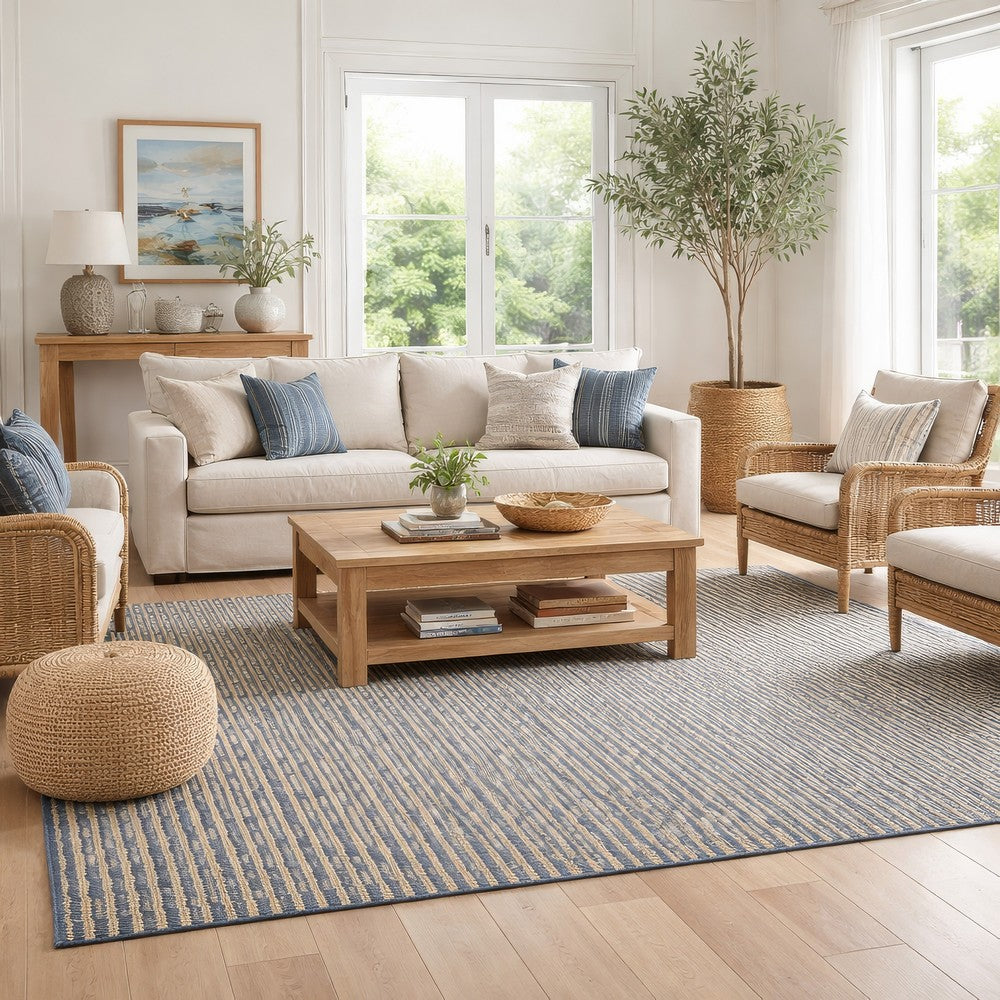 Tyn 9 x 12 Extra Large Area Rug, Handwoven Striped Textured Blue Beige By Casagear Home