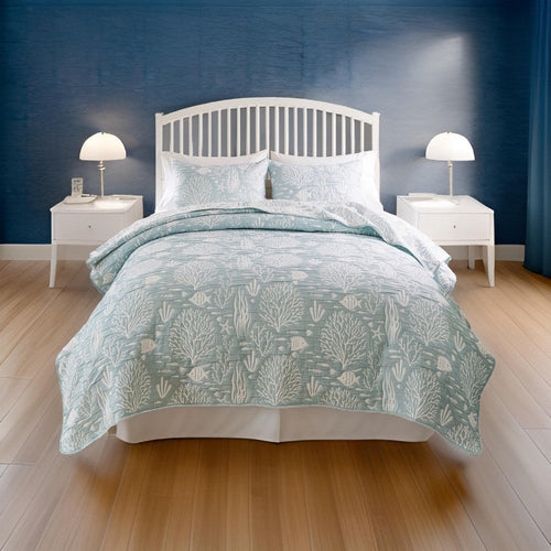 Amy 2pc XL Twin Coverlet and Pillow Sham Set, Coastal Design Seafoam Blue By Casagear Home