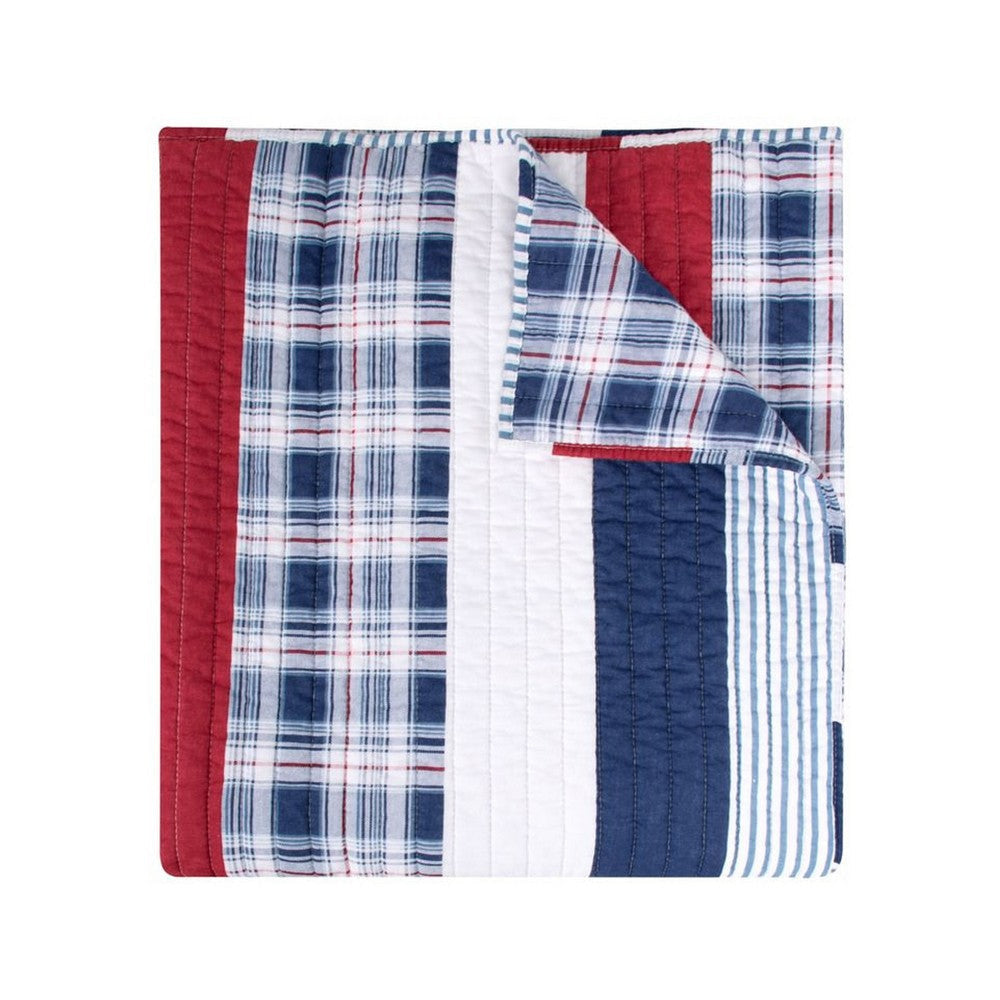 50 x 60 Quilted Throw Blanket Cotton Fill Solid Plaid Stripes Red Blue By Casagear Home BM319645