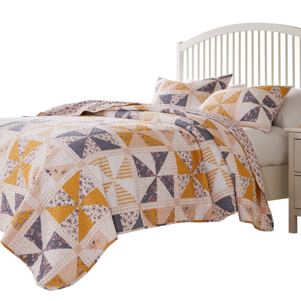 Jey 2pc XL Twin Quilt and Pillow Sham Set Patchwork Pinwheel Print Peach By Casagear Home BM319657