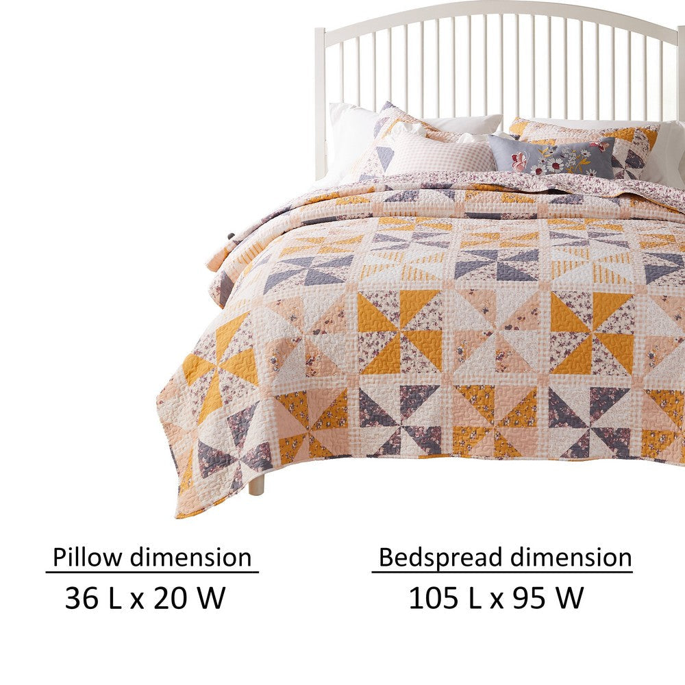 Jey 3pc Cal King Quilt and Pillow Sham Set Pinwheel Patchwork in Peach By Casagear Home BM319659