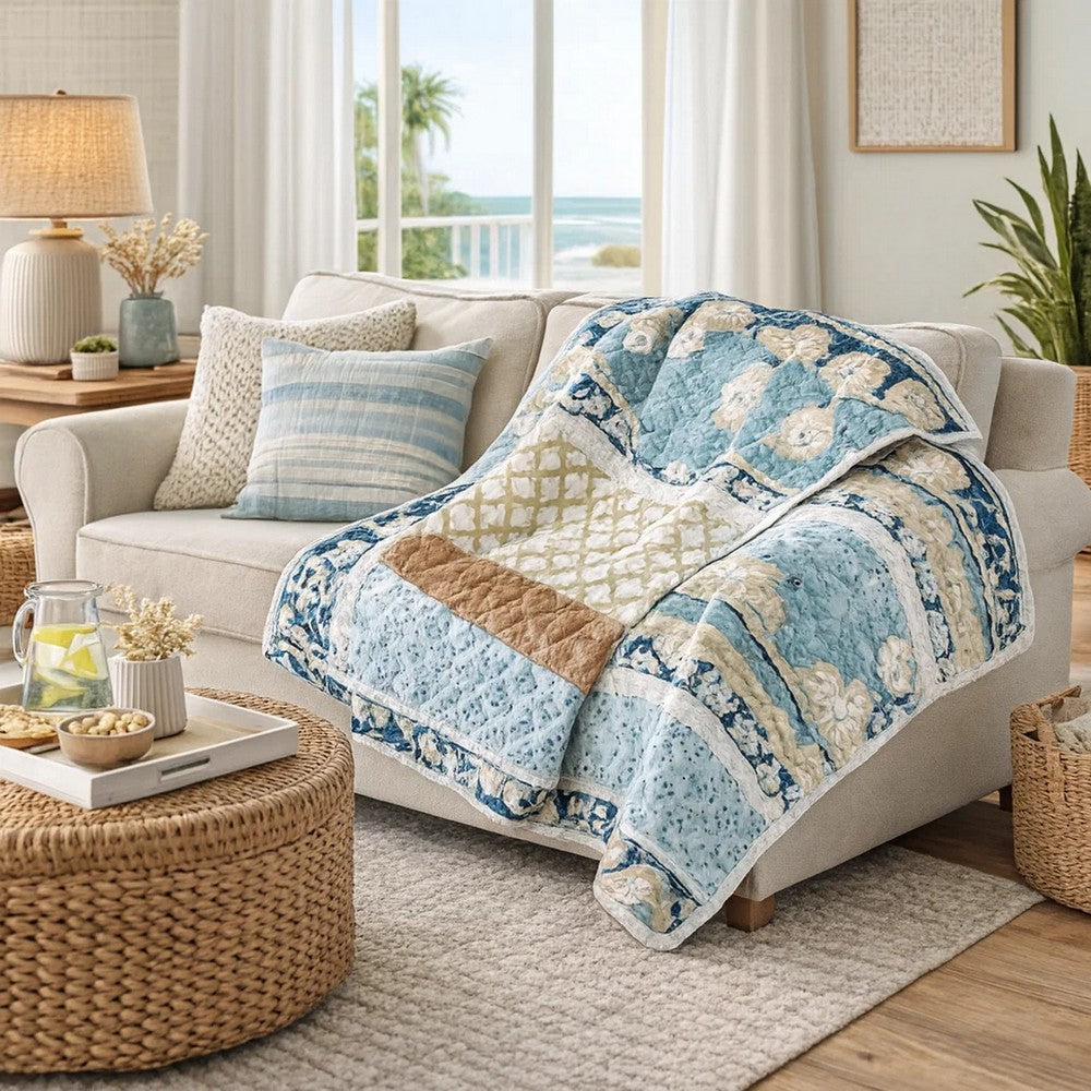 Ello Throw Blanket | 50 x 60 | Quilted | Bohemian Print | Blue Multicolor