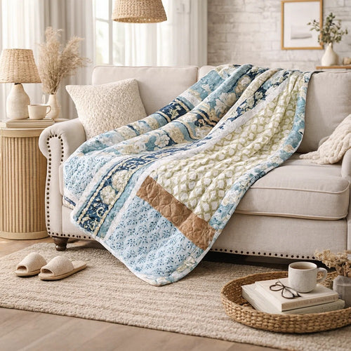 Ello Throw Blanket | 50 x 60 | Quilted | Bohemian Print | Blue Multicolor