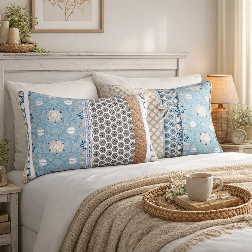 Ello 36 Inch Quilted King Size Pillow Sham, Bohemian Print Blue and White By Casagear Home