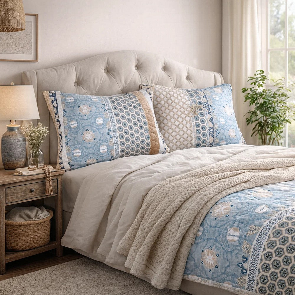 Ello 36 Inch Quilted King Size Pillow Sham, Bohemian Print Blue and White By Casagear Home