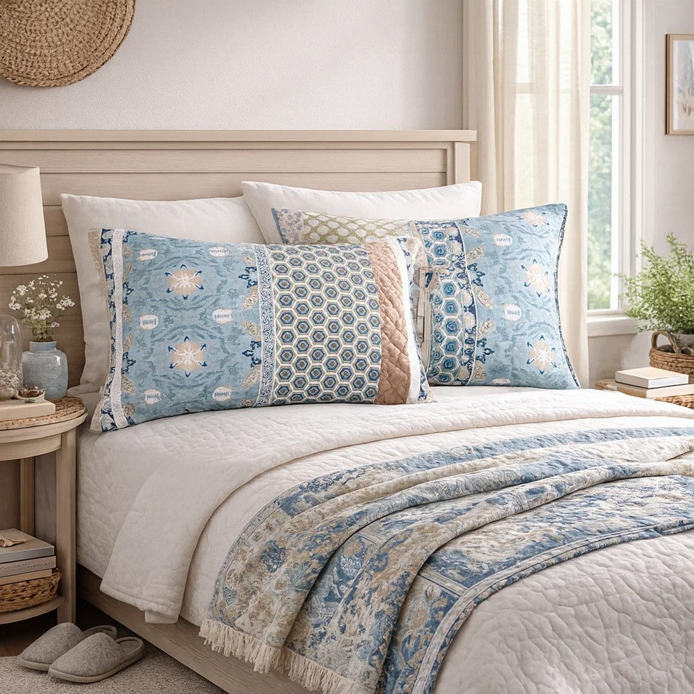 Ello 26 Inch Quilted Standard Pillow Sham, Bohemian Print Blue and White By Casagear Home