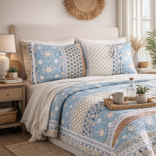 Ello 26 Inch Quilted Standard Pillow Sham, Bohemian Print Blue and White By Casagear Home