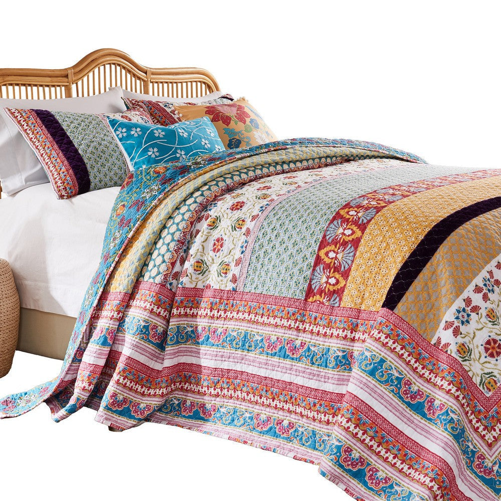 Ello 3pc King Bedspread and Pillow Sham Set Red Blue Bohemian Stripes By Casagear Home BM319676