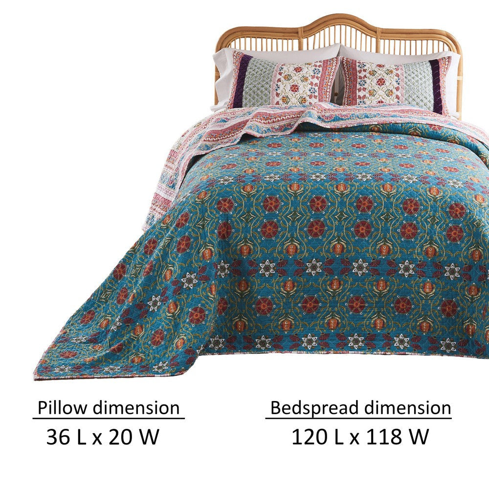 Ello 3pc King Bedspread and Pillow Sham Set Red Blue Bohemian Stripes By Casagear Home BM319676