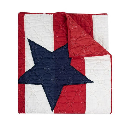 Bary Throw Blanket with Blue Stars and Red Stripes, Reversible White Cotton By Casagear Home