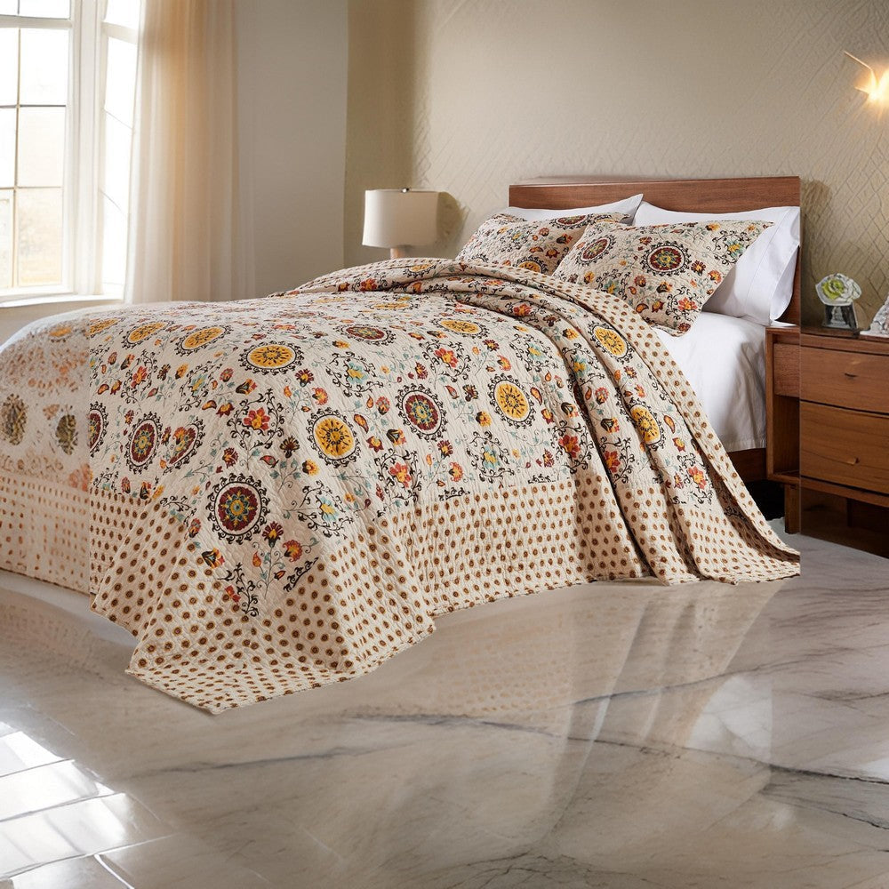 Dorra 3pc King Bedspread Set 2 Shams Floral Crest Beige Yellow Cotton By Casagear Home BM319688