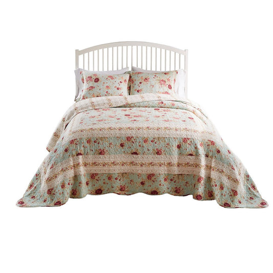 Rosle 3pc Queen Bedspread Set, 2 Shams, Reversible Rose Print, Blue Cotton By Casagear Home