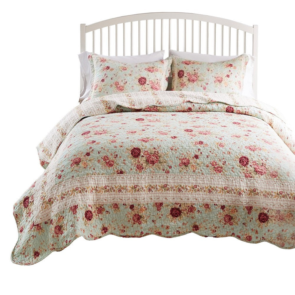 Rosle 3pc Full/Queen Size Bedspread Set 2 Shams Rose Print Blue Cotton By Casagear Home BM319692