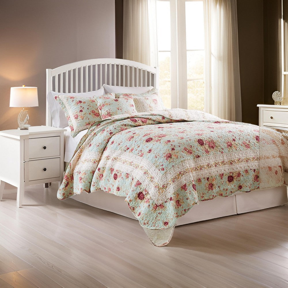 Rosle 4pc XL Twin Size Quilt Set, Shams, Patchwork Floral Print Blue Cotton By Casagear Home