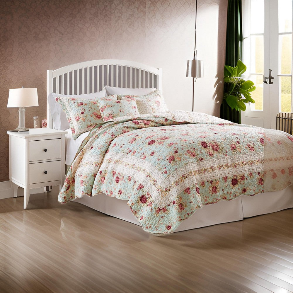 Rosle 5pc Full/Queen Quilt Set, Shams, Patchwork Floral Print, Blue Cotton By Casagear Home