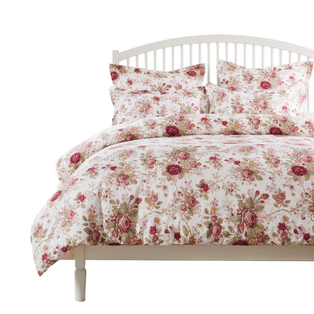 Rosle 3pc Full/Queen Duvet Cover Set, 2 Shams, Ivory and Red Floral Cotton By Casagear Home