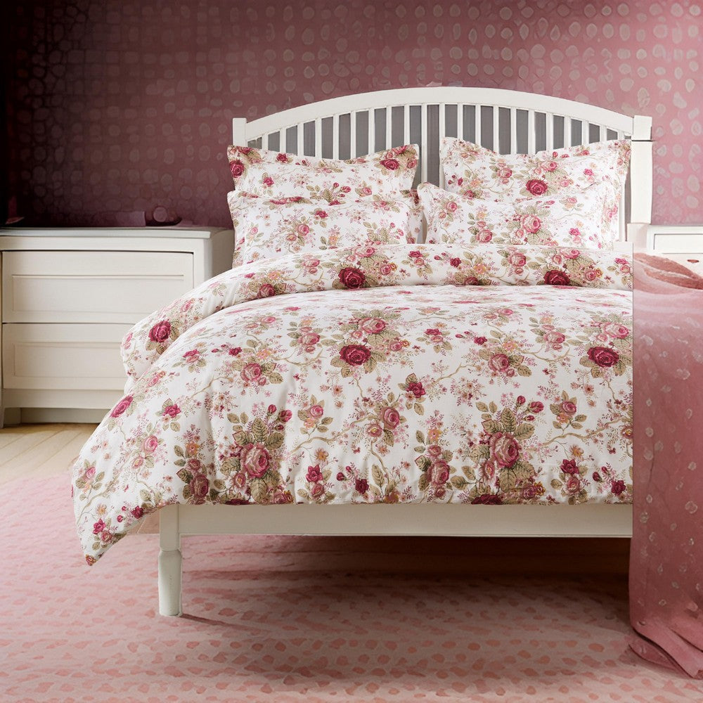 Rosle 3pc King Duvet Cover Set with 2 Shams Ivory and Red Floral Cotton By Casagear Home BM319699