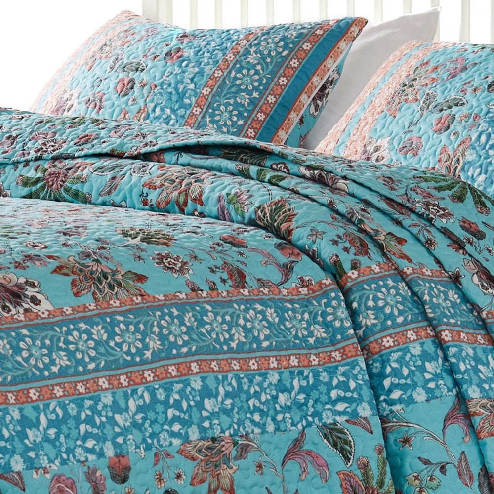 Dill 3pc King Bedspread Set Turquoise Green Floral Microfiber Cotton By Casagear Home BM319705