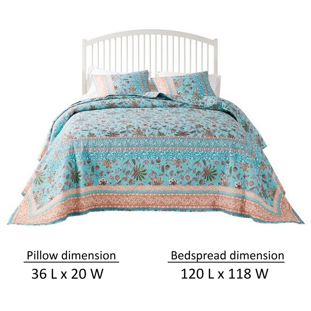 Dill 3pc King Bedspread Set Turquoise Green Floral Microfiber Cotton By Casagear Home BM319705