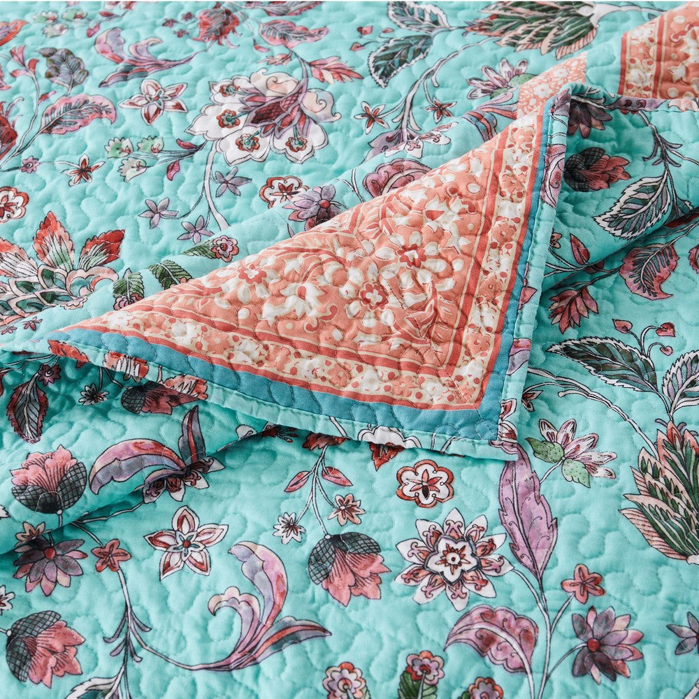 Dill 3pc Queen Bedspread Set Bohemian Turquoise Floral Microfiber Cotton By Casagear Home BM319706