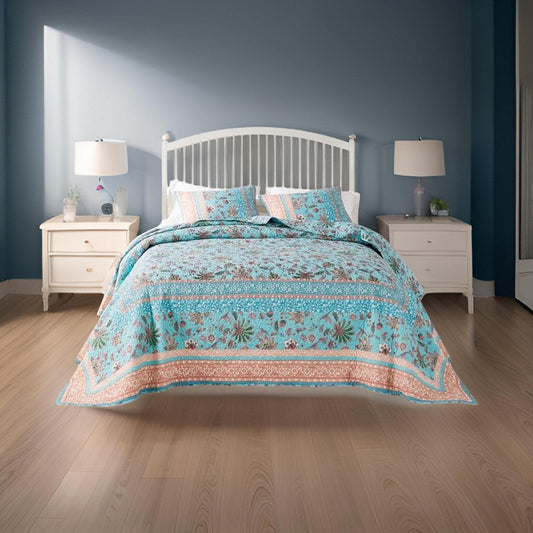 Dill 3pc Queen Bedspread Set, Bohemian Turquoise Floral Microfiber Cotton By Casagear Home
