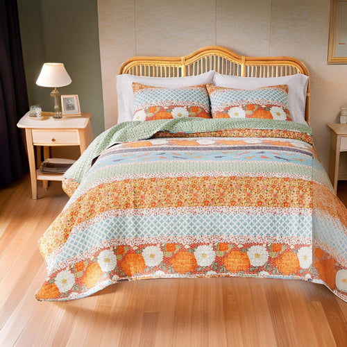 Nite 3pc Full/Queen Quilt Set, Calico Floral and Songbird Pattern, Cotton By Casagear Home
