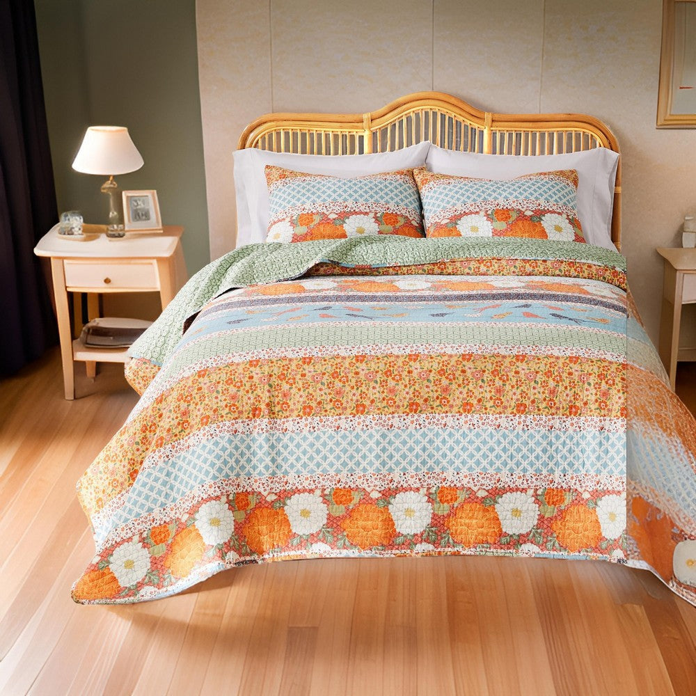 Nite 3pc Full/Queen Quilt Set, Calico Floral and Songbird Pattern, Cotton By Casagear Home