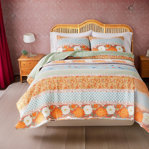 Nite 3pc King Quilt Set, Calico Floral Songbird Pattern, Cotton Microfiber By Casagear Home