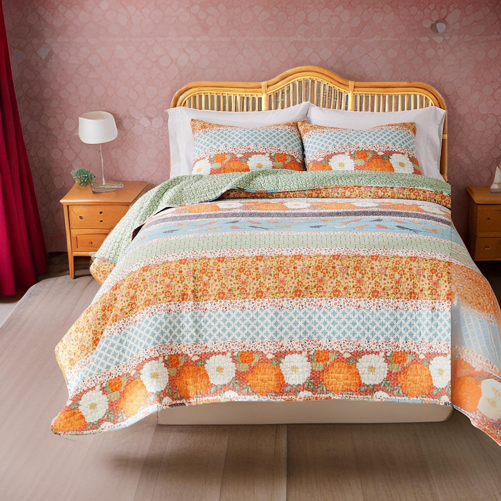 Nite 3pc King Quilt Set, Calico Floral Songbird Pattern, Cotton Microfiber By Casagear Home