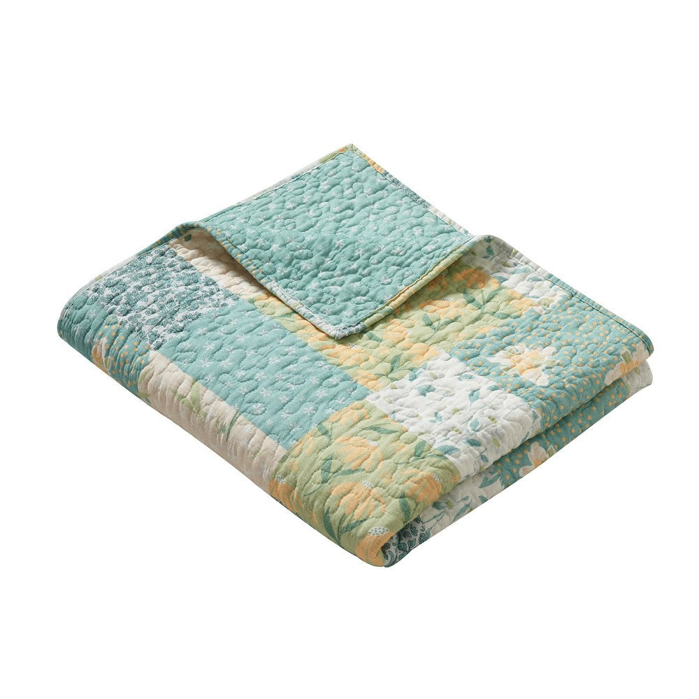 Evane Quilted Throw Blanket with Floral Design, Mist Blue and White Cotton By Casagear Home