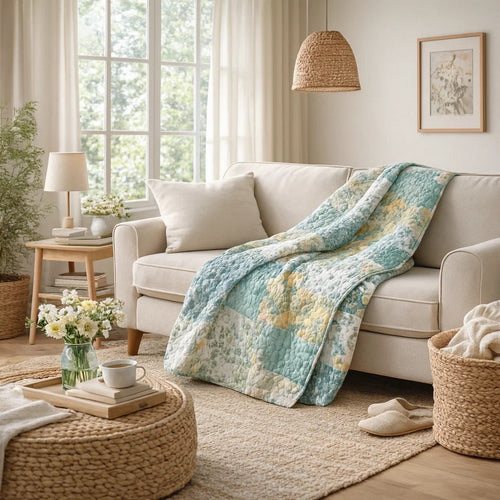 Evane Throw Blanket | Quilted | Mist Blue White | Floral Cotton
