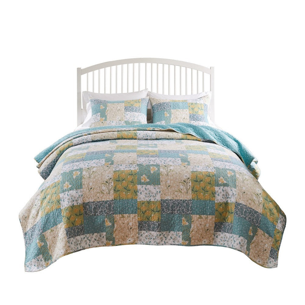 Evane 2pc XL Twin Size Quilt Set, Floral Design, Mist Blue and White Cotton By Casagear Home