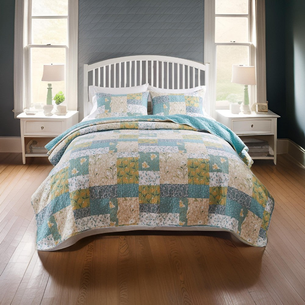 Evane 3pc Full/Queen Quilt Set, Floral Design, Mist Blue and White Cotton By Casagear Home